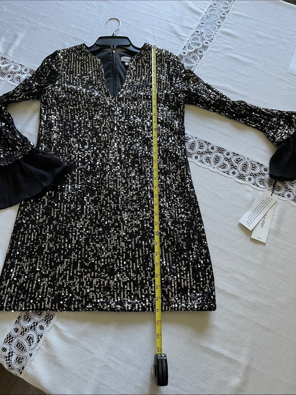 Calvin Klein Black Sequin V-Neck Mini Dress with Sheer Cuffs - Picture 6 of 10